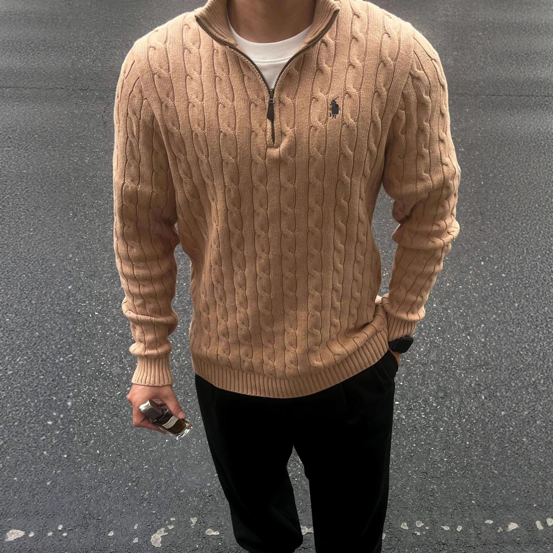 Rl Laff Pony Logo Embroidered Sweater Men's Casual Sweater Women's Stand Collar Autumn and Winter Couple Twist Half-Zip Top