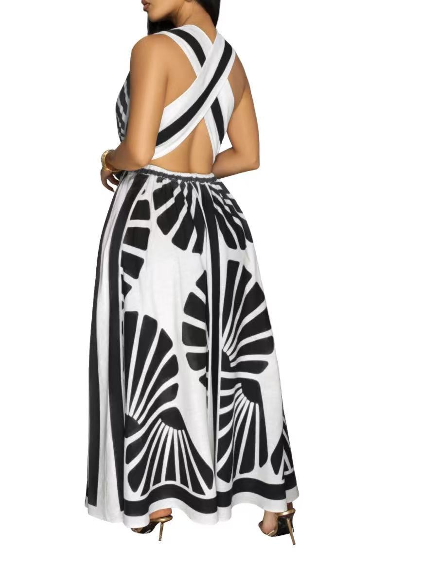2025 Cross-Border Foreign Trade European And American Women's Clothing V-Neck Sleevel Bohemian Printed Long_ecoleips.com