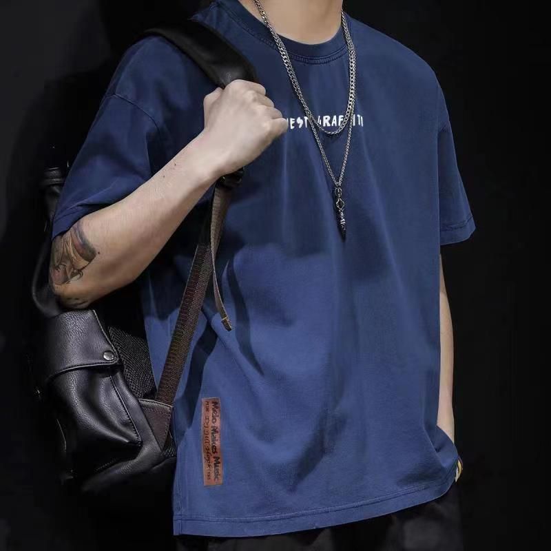 Moda americana japonesa y coreana marca de moda media manga estilo nostálgico retro manga corta camiseta de los hombres de verano suelto de negocios cuello redondo