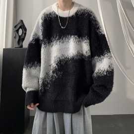 美式复古撞色毛衣oversize毛衣男士秋冬季百搭宽松针织套头上衣潮