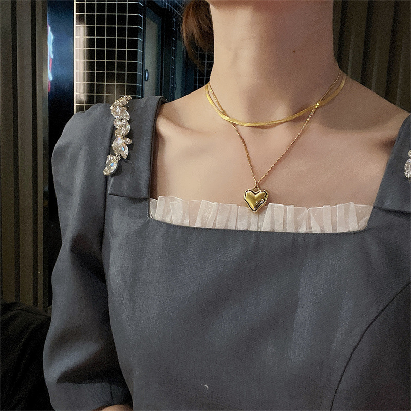 Fashion Heart Shape Titanium Steel Inlaid Gold Layered Necklaces 1 Piece