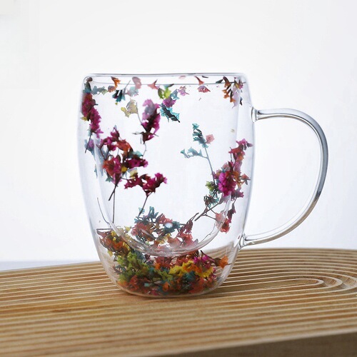 Creative Home Coffee Milk Real Flower Flowing Sand Double Layer Glass Cup with Handle Heat Resistant