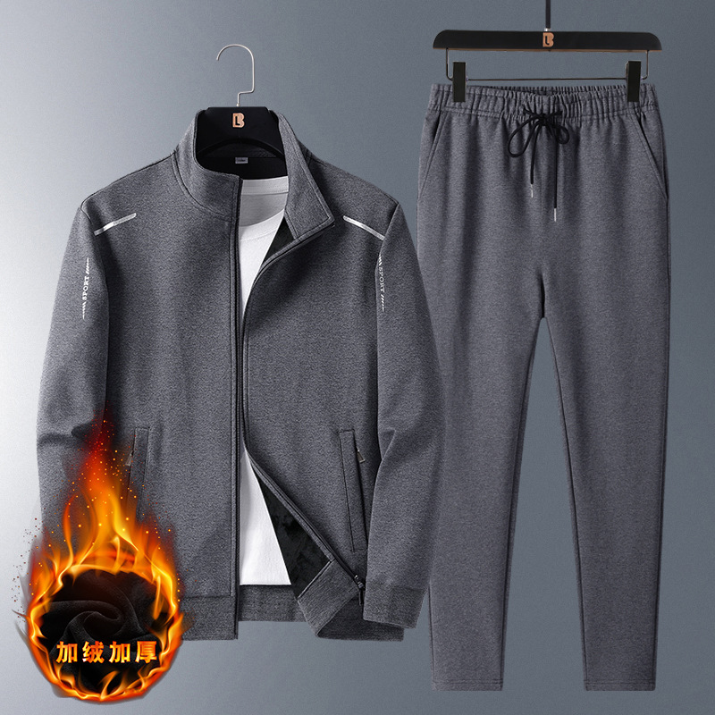 Cross-Border Autumn and Winter Velvet Sportswear Men's Fashion Light Luxury Casual Suit Baseball Jacket Trousers Middle-Aged Dad Wear