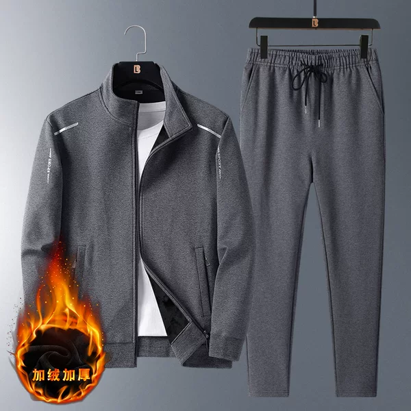 Cross-Border Autumn and Winter Velvet Sportswear Men's Fashion Light Luxury Casual Suit Baseball Jacket Trousers Middle-Aged Dad Wear