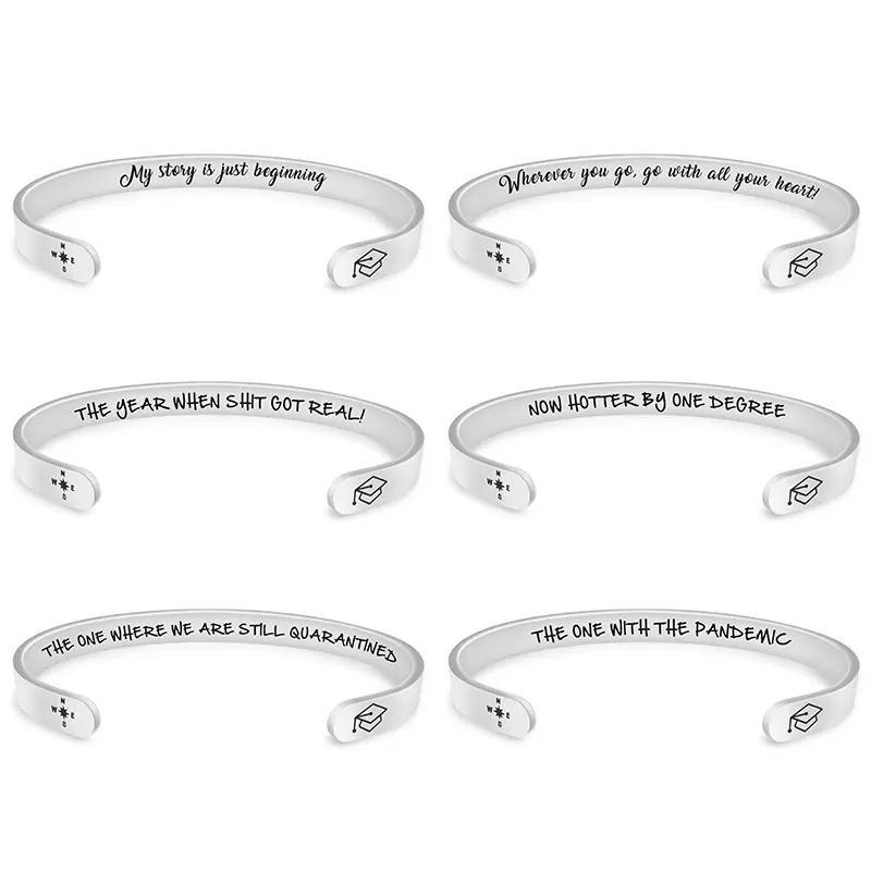 手镯欧美跨境毕业季指南针学士帽家庭礼物励志短语刻字不锈钢手镯