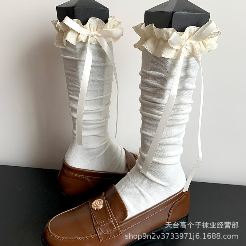 Jk White Lace Piled Socks Women's Middle Tube with Small Leather Shoes Spring and Autumn Japanese Sweet Lace Bow Calf Socks Jk White Lace Piled Socks Women's Middle Tube with Small Leather Shoes Spring and Autumn Japanese Sweet Lace Bow Calf Socks