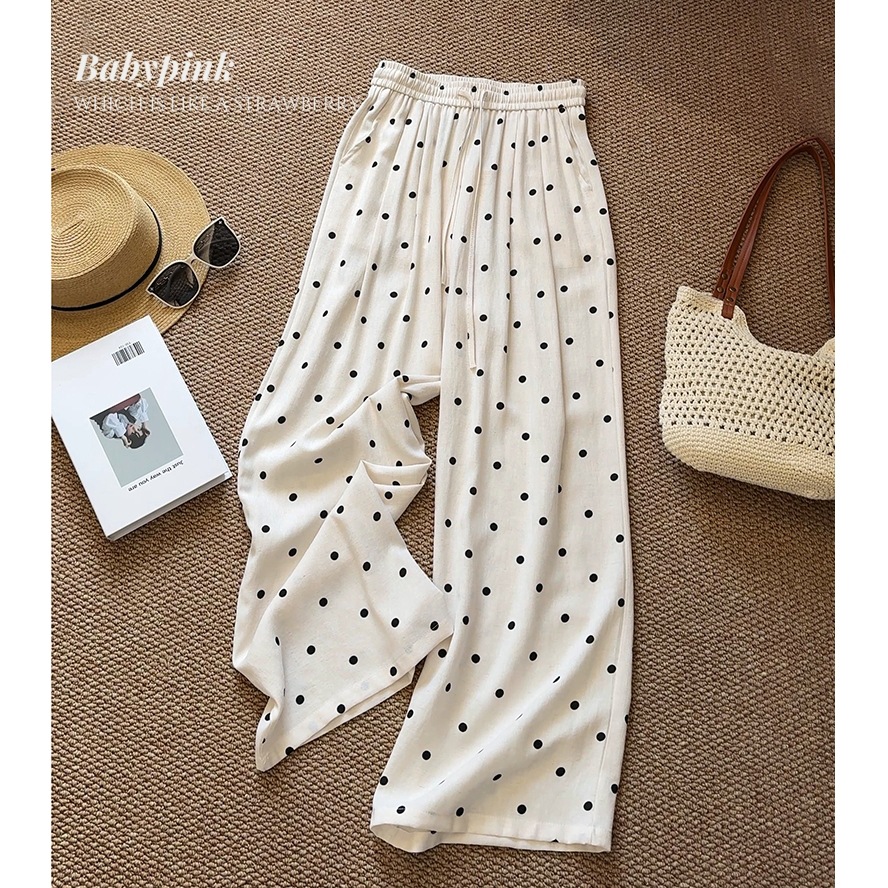 Muy colgante y suave ~ Pantalones de lunares de cintura elástica pantalones casuales de pierna ancha pantalones de lino de algodón color albaricoque 2025 pantalones frescos de verano