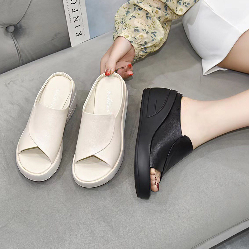Dép lê quai ngang đế xuồng da thật, gót cao 7 cm, phong cách thời trang mùa hè — Màu đen