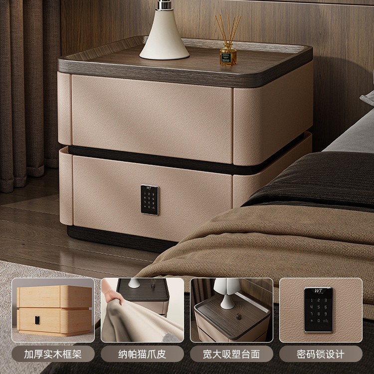 Mesita de noche de madera maciza con cerradura de combinación, caja fuerte, lujo ligero, sensación de alta gama, 2025, estilo caliente, dormitorio doméstico, armario de almacenamiento