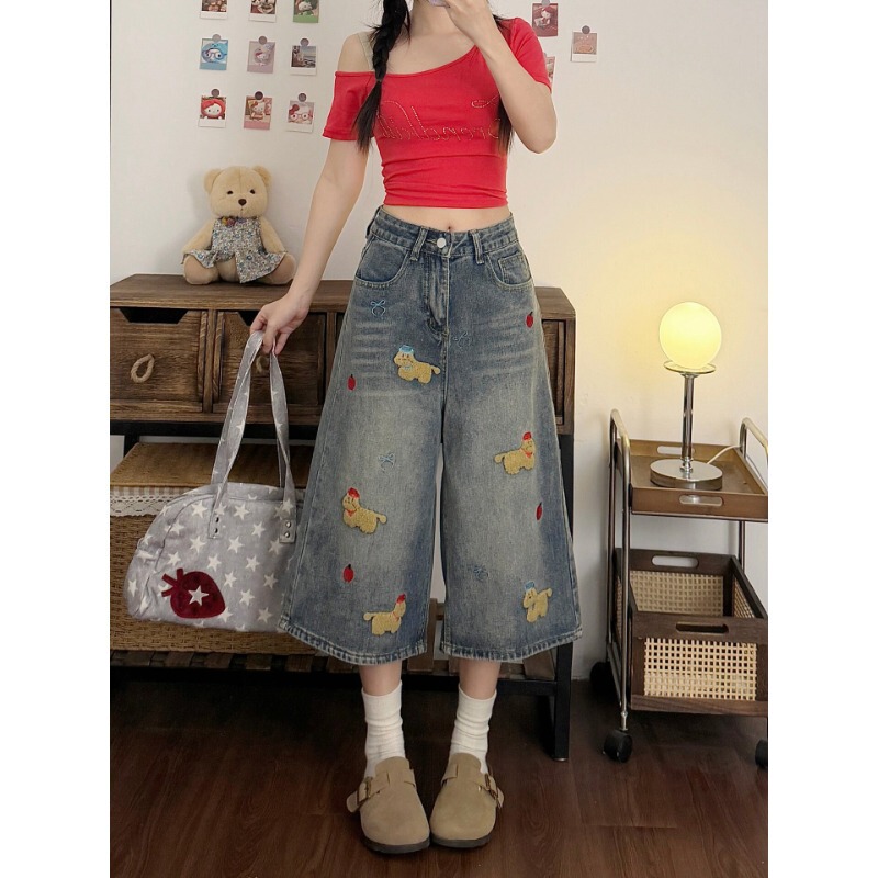 American-Style Fun Embroidered Puppy Denim Capri Pants for Women, 2026 Summer New Large Size Over-The-Knee Wide-Leg Shorts American-Style Fun Embroidered Puppy Denim Capri Pants for Women, 2026 Summer New Large Size Over-The-Knee Wide-Leg Shorts