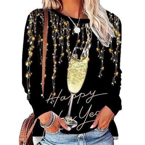 2025 European and American-style Fashionable Casual Trendy Printed Women's Long-Sleeve Crew-Neck Top