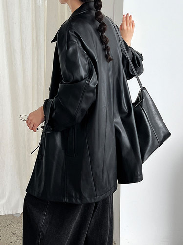 Luxi Korean-style Retro High-end Black Mid-length Leather Jacket for Women, Autumn New Arrival, Soft and Supple Leather 3709