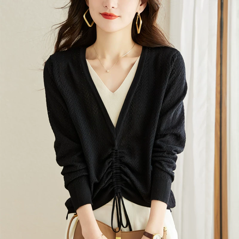 Shaping autumn knitted set, 2022, V-neckline