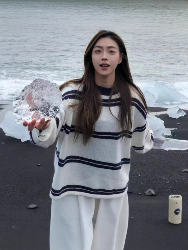 新款宽松版性前后两穿慵懒风针织上衣新款条纹撞色v领毛衣系带|undefined