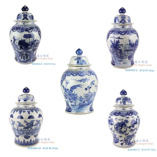 景德镇陶瓷器青花山水花鸟狮子纹荷花将军罐仿古家居花瓶插花摆件
