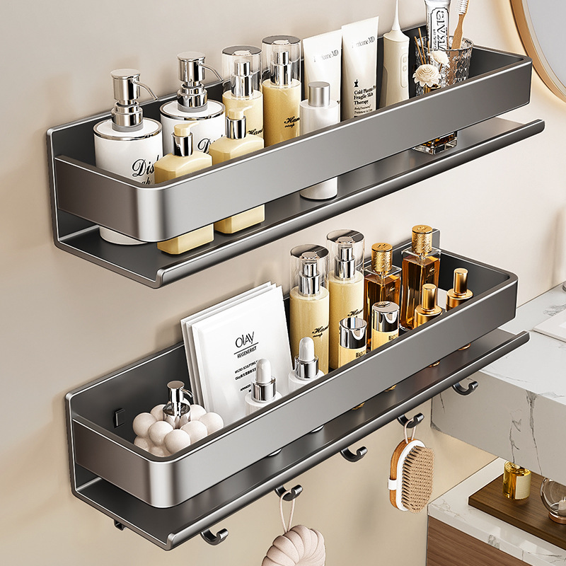 Bathroom Storage Rack, Wall-Mounted, No-Drill, with Hooks and Rods, Suitable for Kitchen, Balcony, and Toilet, Light Luxury