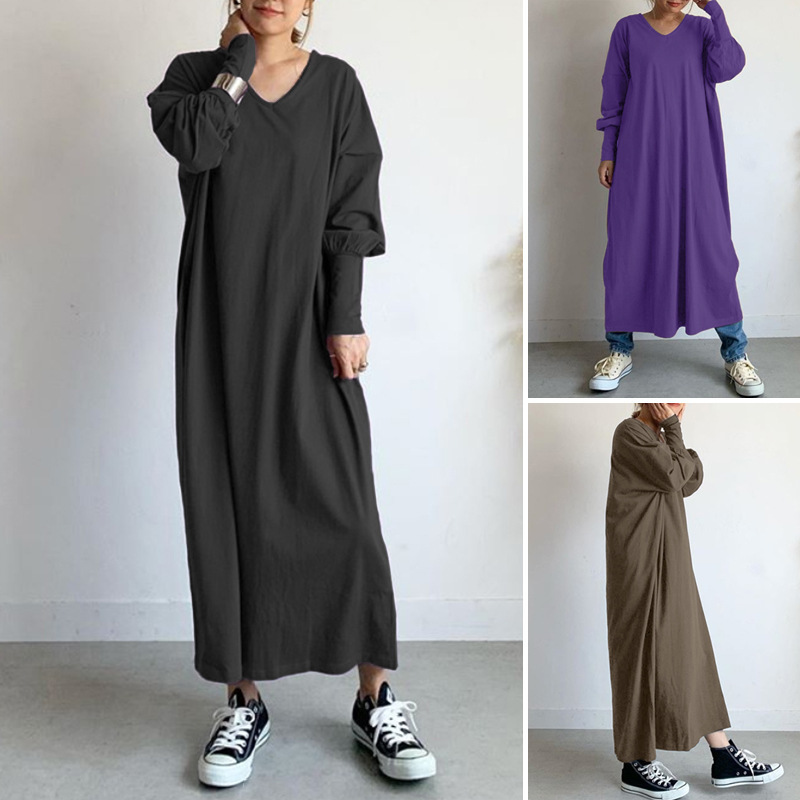 Spot fashion 2021 spring OL temperament women's collage long skirt long sleeve V-neck dress agent to join