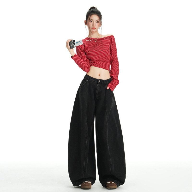 Autumn and Winter Retro Washed Black Scimitar Wide-Leg Jeans for Women, Loose Slimming Versatile Casual Balloon Pants Long