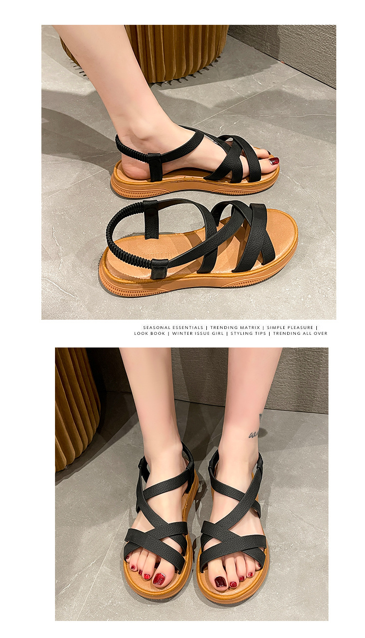 Sandali per il commercio estero da donna 2023 Summer New Roman Fashion Cross Strap cinturino elastico fondo piatto sandali da donna con fondo morbido_voghion.com