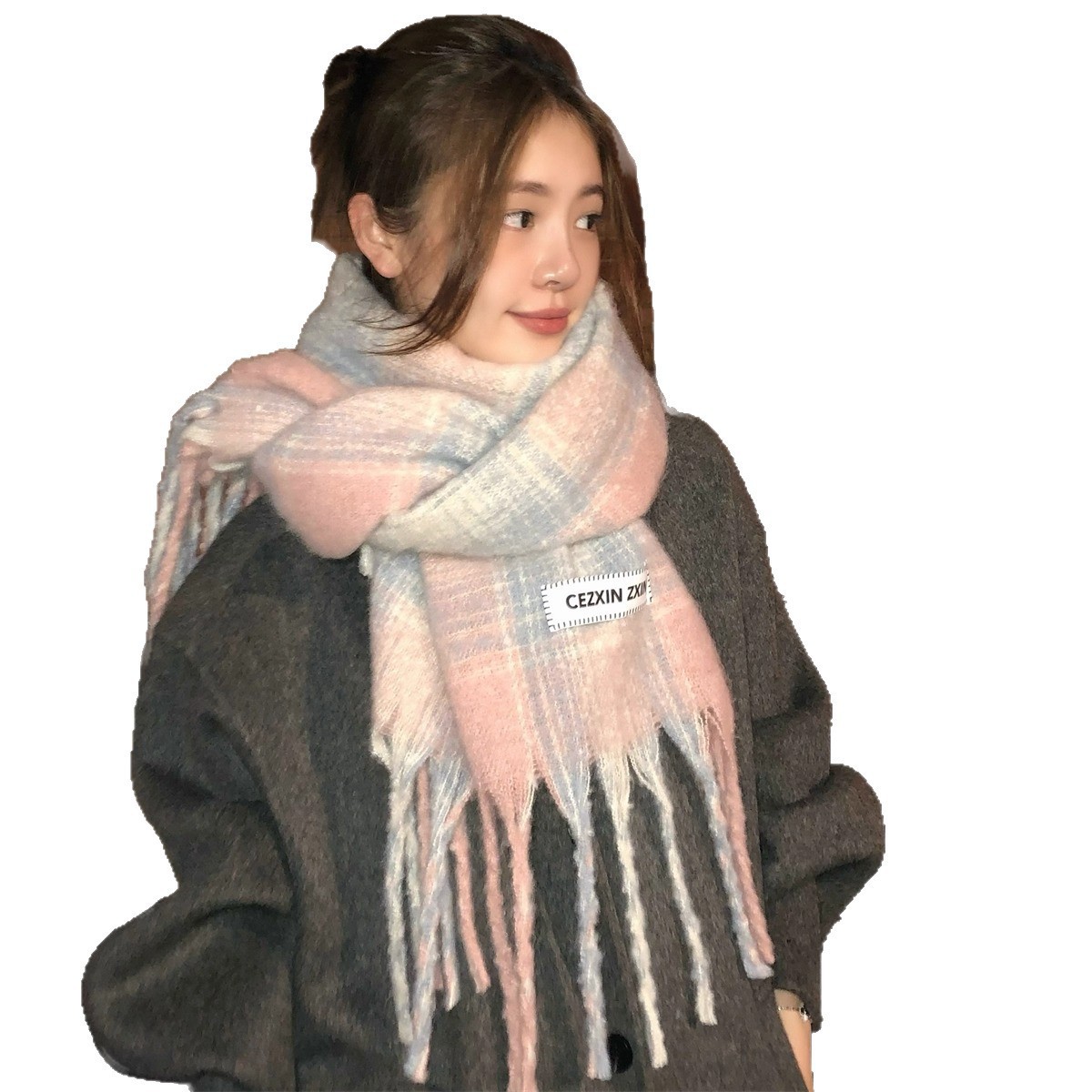 Bufanda a cuadros gris y rosa suave de Waxy Jiji para mujer, otoño e invierno 2025, cálida bufanda de cachemira sintética para estudiantes, chal de doble propósito._voghion.com