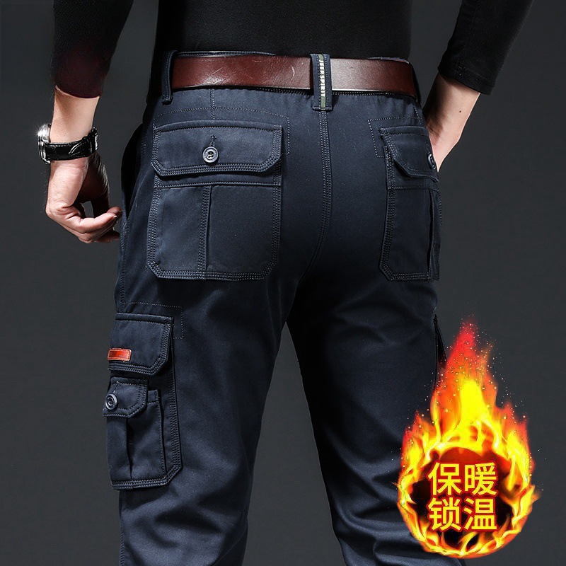 Men's Loose Straight-Leg Cargo Pants for Autumn and Winter, Thick Large-Size Outdoor Multi-Pocket Pure Cotton Fleece Casual Pants