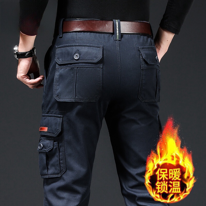 Men's Loose Straight-Leg Cargo Pants for Autumn and Winter, Thick Large-Size Outdoor Multi-Pocket Pure Cotton Fleece Casual Pants