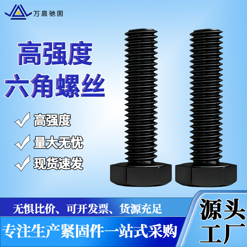 高强度六角螺栓塔吊螺丝钉8.8级10.9级12.9级全牙发黑高强度螺丝