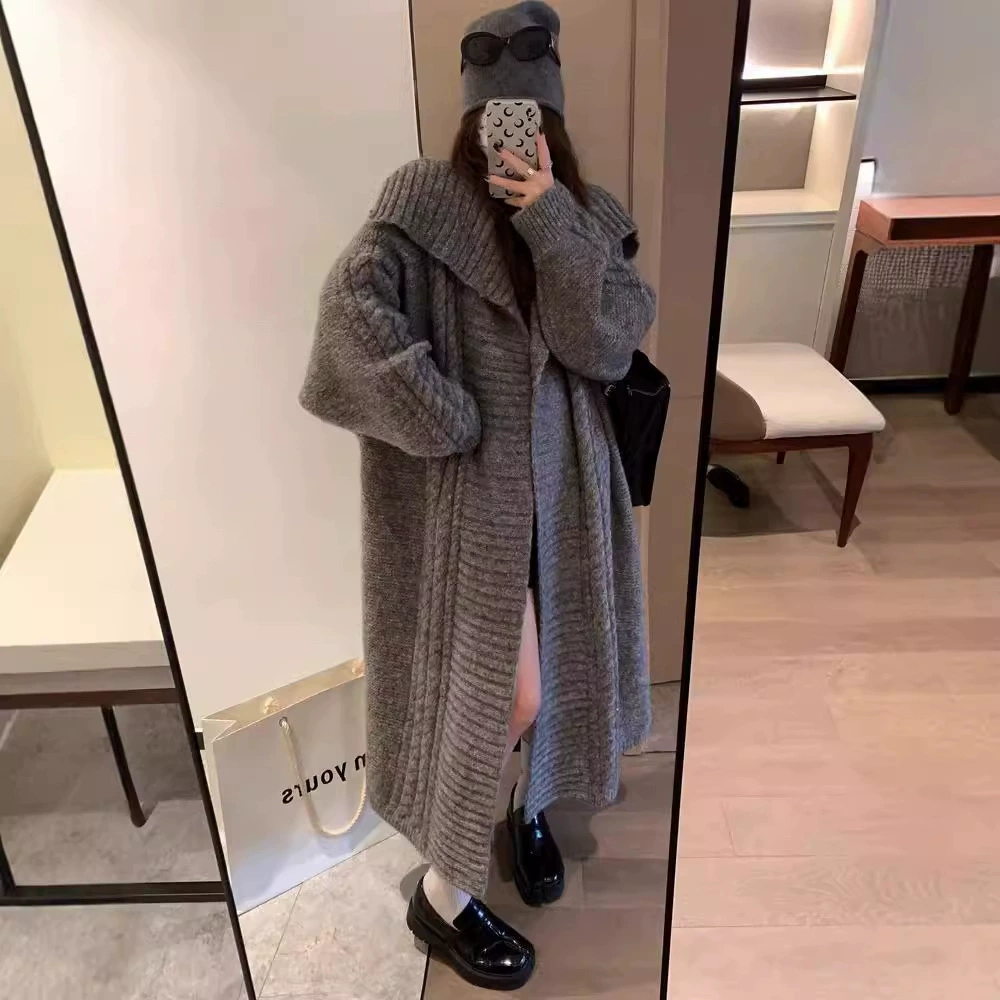 Пальто-свитер с большими лацканами, женский осенне-зимний свободный ленивый колено, высококачественный дизайнерский длинный вязаный кардиган