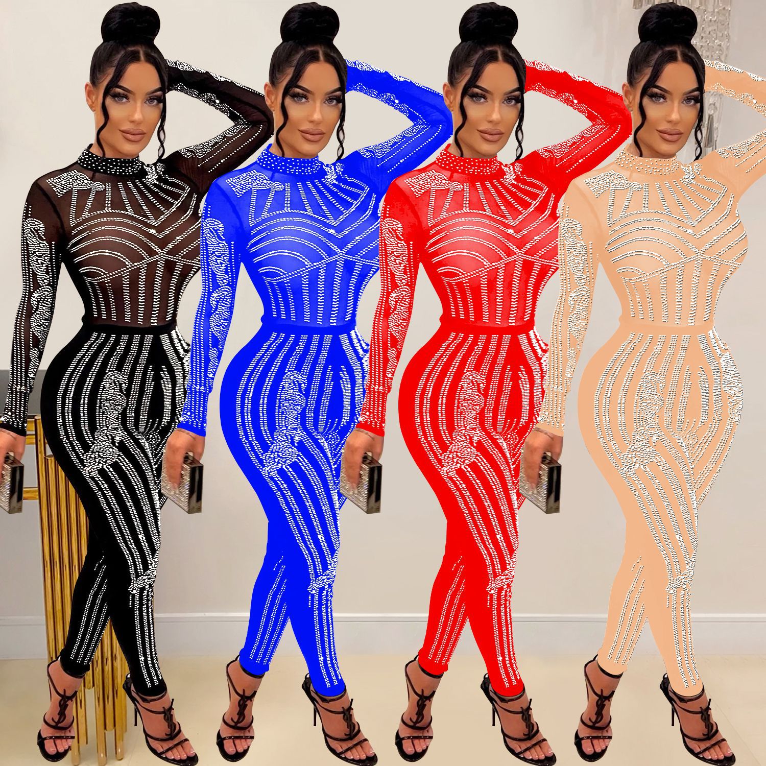 C6247 transfronteriza AliExpress Amazon europeo y americano de las mujeres de moda de color sólido de malla de diamantes de imitación de manga larga pantalones mono