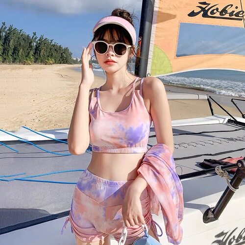 Women's swimsuit sports split three-piece conservative belly-covering slimming student small breasts gathered Korean style ins loose swimsuit