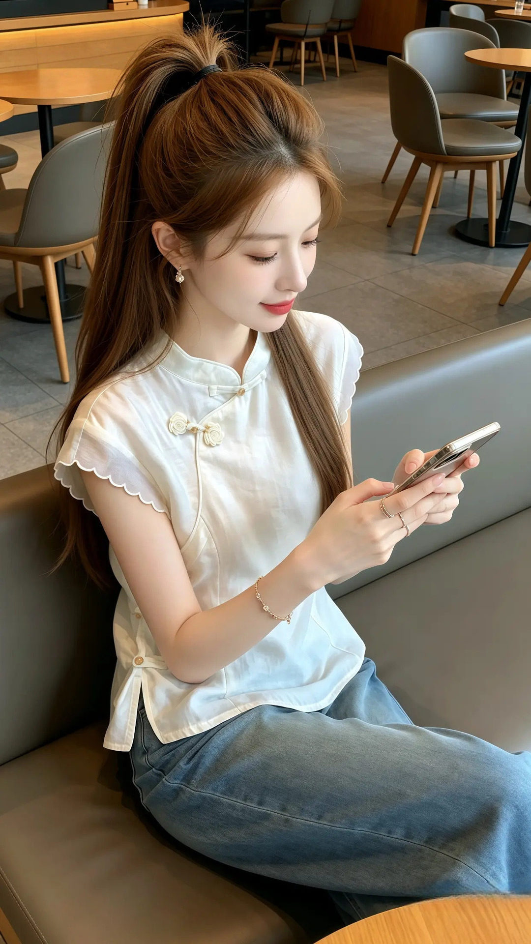 Áo sơ mi nữ tay ngắn cổ xẻ tà kiểu Trung Hoa hiện đại — màu trắng ngà chi tiết 1