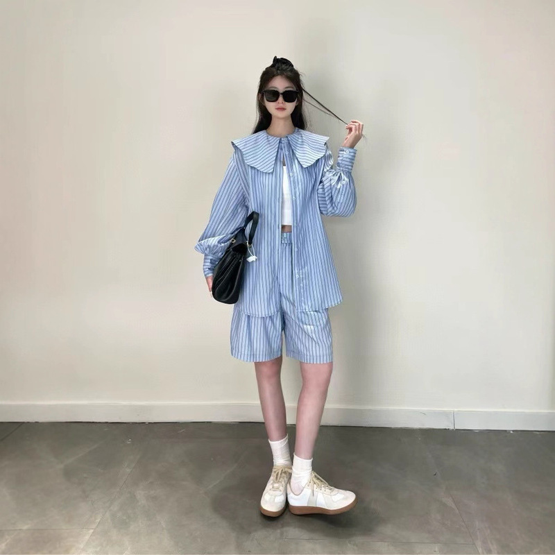 Women's 2026 New Fashion Sea Salt Blue Fine Striped Doll Collar Shirt and Shorts Set