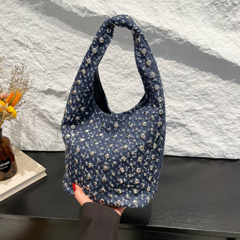 Bolso de cubo retro estilo Hong Kong 2025 nuevo bolso de mezclilla gypsophila remache bolso de hombro con lentejuelas de moda