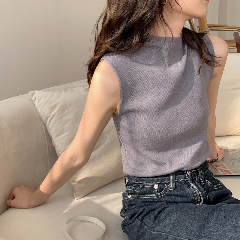 2021 Spring New Arrival All-Match Half-High Collar Base Shirt Women's Slim-Fit Sleeveless Sweater Inner Vest Top