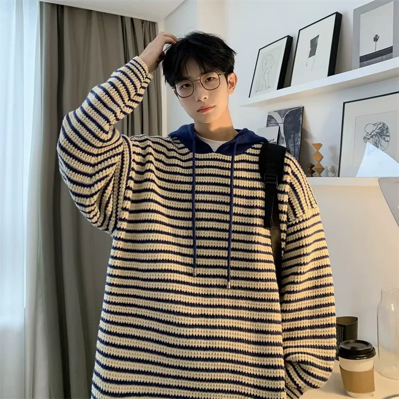 Демисезонный мужской вязаный свитер с капюшоном, oversize, свободный крой
