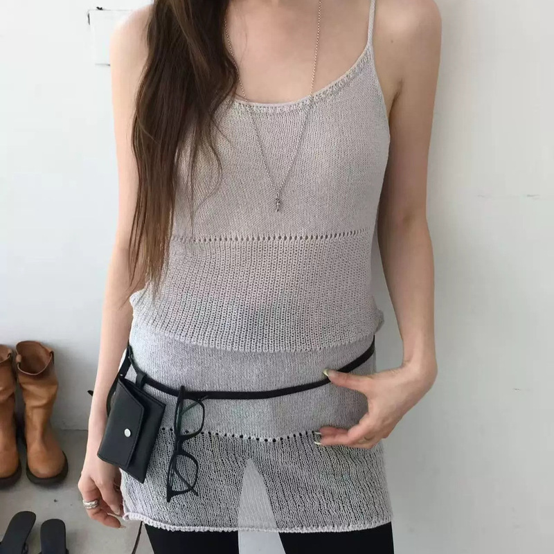 Mona Xh Korean-Style Hollow-Out Knit Camisole Dress Dongdaemun New Summer Gentle Versatile Slimming Dress for Women Mona Xh Korean-Style Hollow-Out Knit Camisole Dress Dongdaemun New Summer Gentle Versatile Slimming Dress for Women
