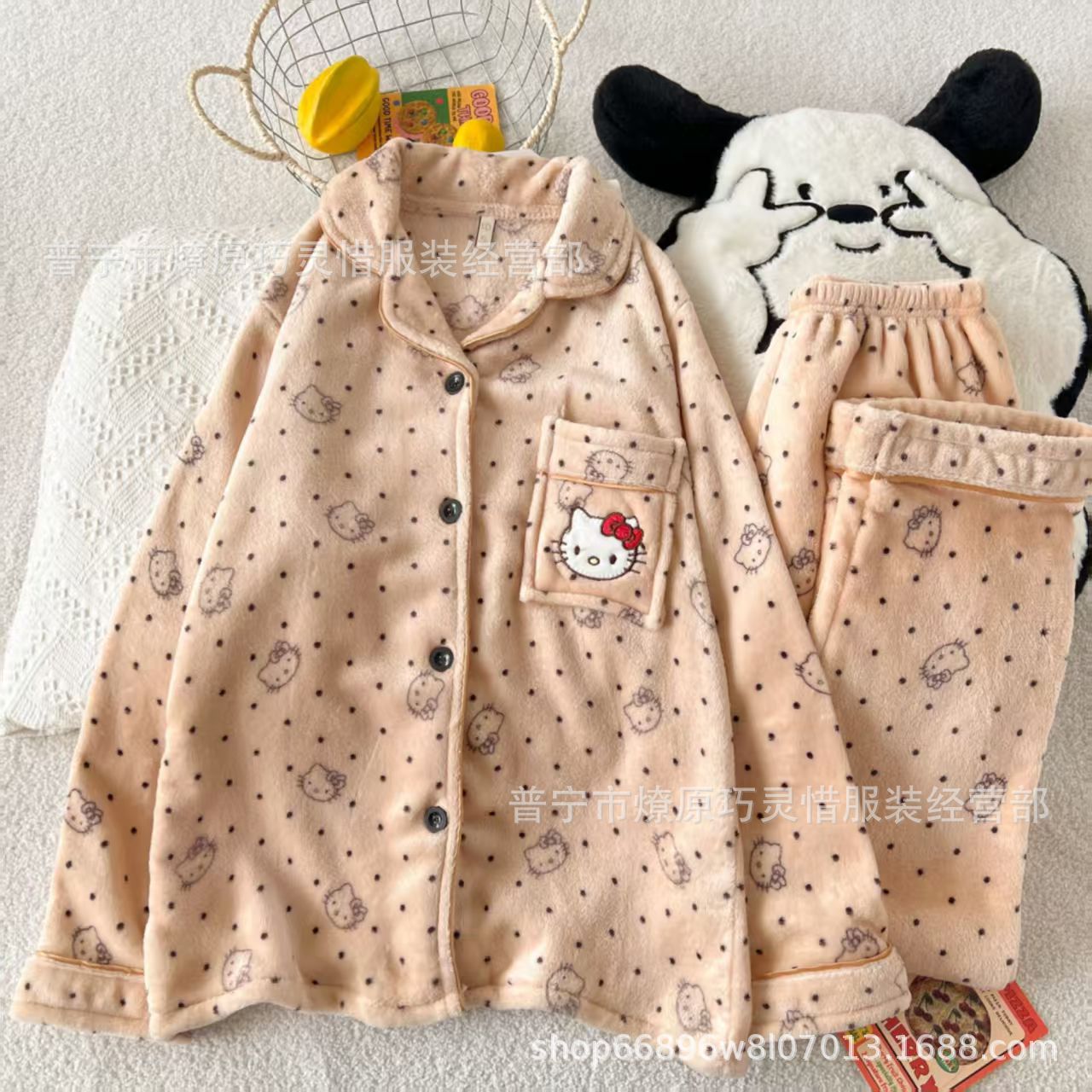 Franela otoño y invierno nueva linda niña caliente y gruesa dulce kitty gato suelto conjunto de pijamas se puede usar fuera