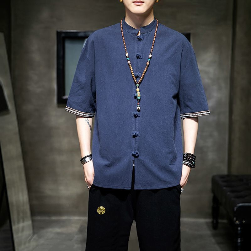 Lino de manga corta Camisa de los hombres de estilo chino hebilla Tang traje de manga cinco cuartos ropa estilo retro juventud estilo chino abrigo de moda