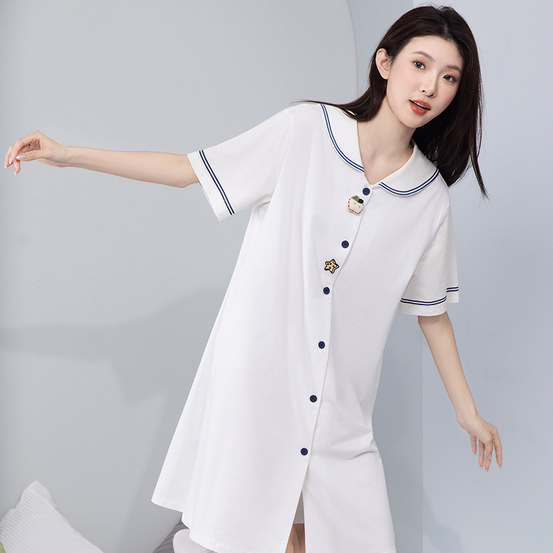 [Combed Cotton] Women's Summer Nightgown Made of Pure Combed Cotton, Navy Style Short-Sleeved Dress, Women's Pajamas That Can Be Worn Outside as Home Clothes
