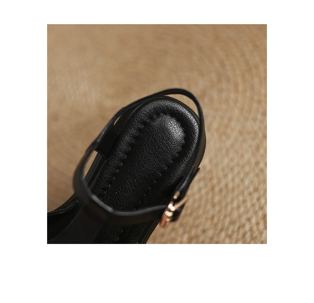 Sandal nữ mũi vuông hở mũi da cừu gót vuông cao 9 cm quai chữ T kiểu La Mã — đen chi tiết 18