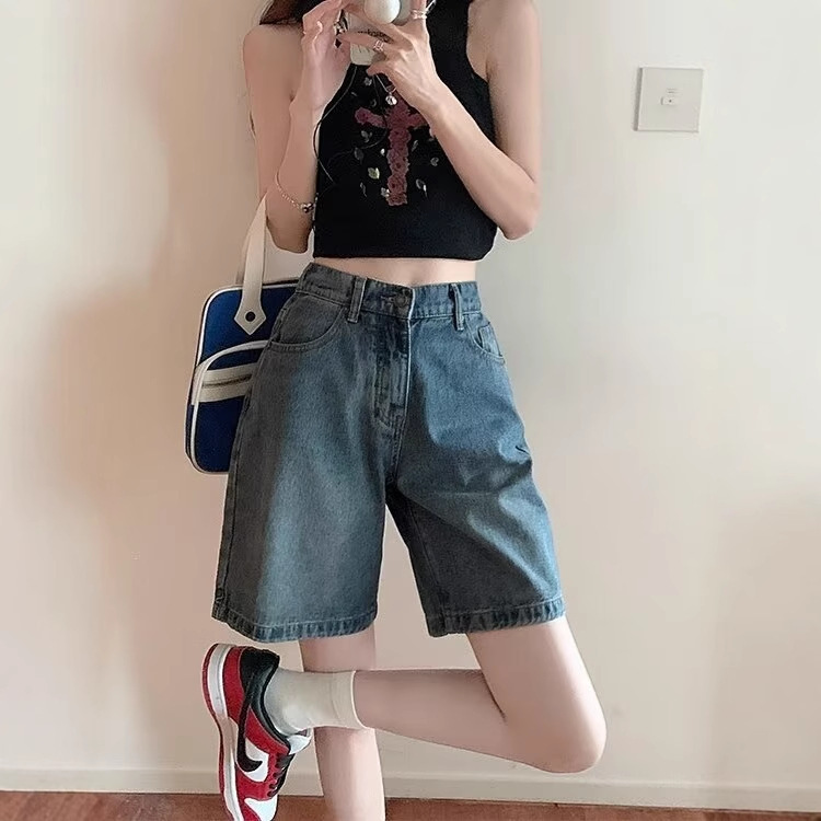 Five Points Denim Shorts Women's Summer Thin 2025 New High Waist Slimming 5 Points Loose Wide Leg Pants Sweet Cool Style