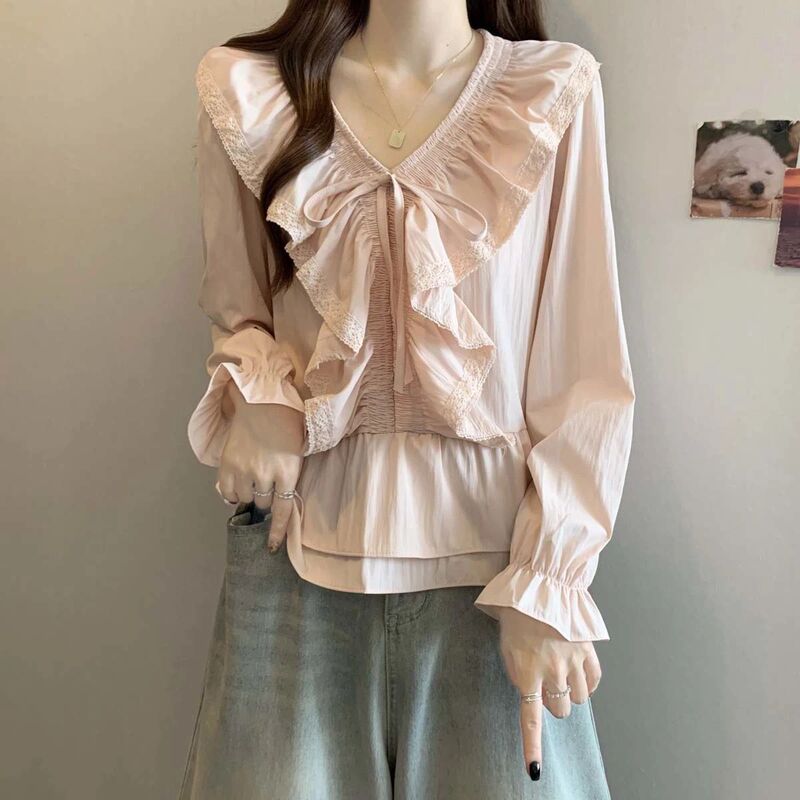 Plus-Size Autumn Stylish Collared Lace Versatile Long-Sleeve Shirt for Women with Ruffles, Slimming and Figure-Flattering Top, New Arrival