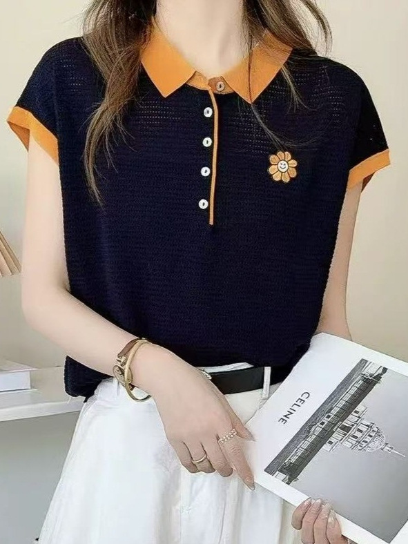 スマイリーフェイスひまわり刺繍薄手半袖セーター夏の気質スリムハーフブレストカラーブロックラペルトップ女性用|undefined