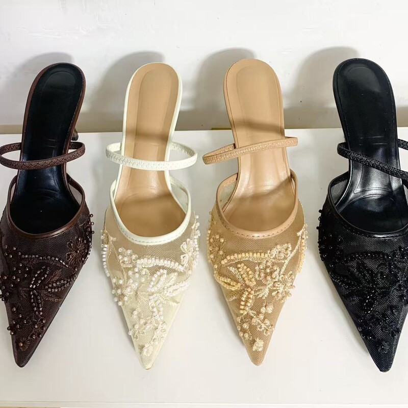 Za Embroidered Mesh Stiletto Mules with Pointed Toe, Large Sizes 36-42, Women's Back-Strap High-Heeled Sandals Za Embroidered Mesh Stiletto Mules with Pointed Toe, Large Sizes 36-42, Women's Back-Strap High-Heeled Sandals