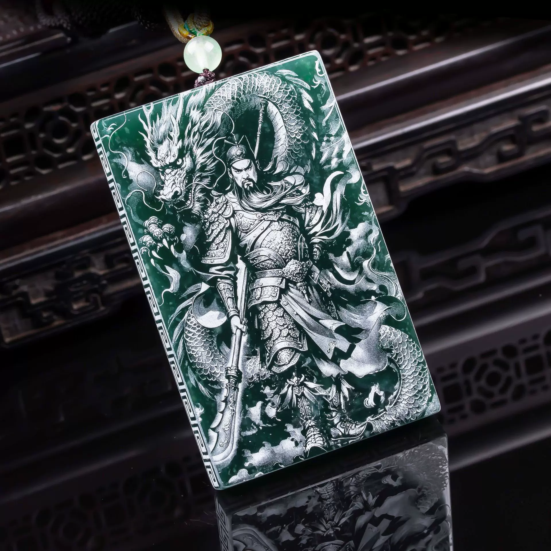 天然a货翡翠关公双面精工影雕高冰种老玉石吊坠挂件玉佩玉美
