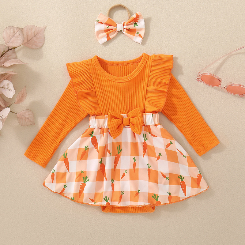 Cross-border Baby Girl Orange Resurrection Carrot Print Long-sleeved Triangle Dress