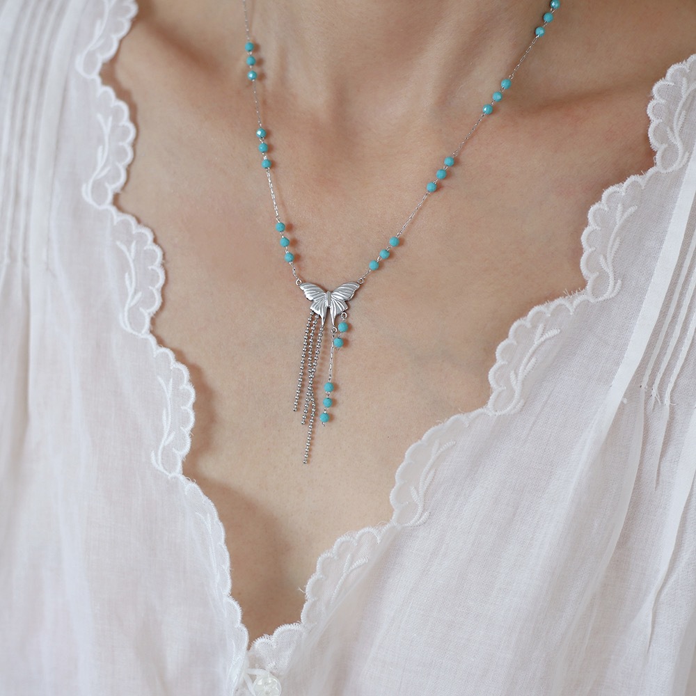 Blue Bead Butterfly Fringe Stainless Steel Necklace