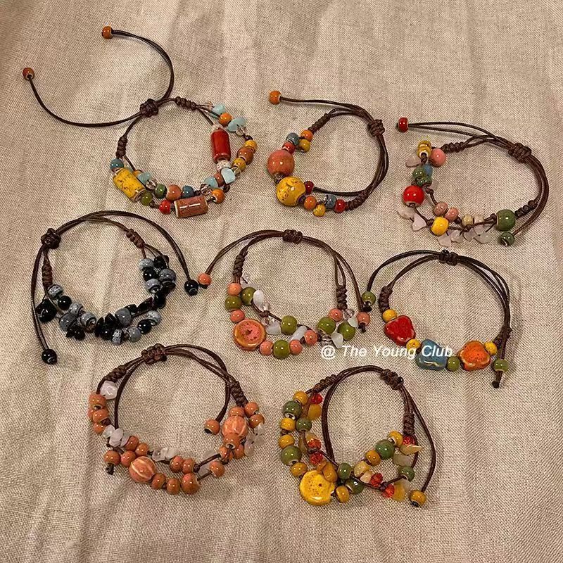 Alloy Ceramic Bracelet, Adjustable Bracelet, Small Gravel Braided Rope Bracelet, Ethnic Style Jewelry, Colorful Niche Jewelry