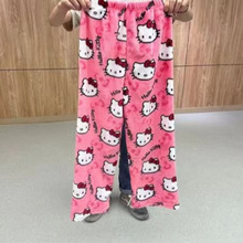 法兰绒卡通猫咪睡裤女秋冬季新款珊瑚绒加厚加绒保暖休闲居家长裤