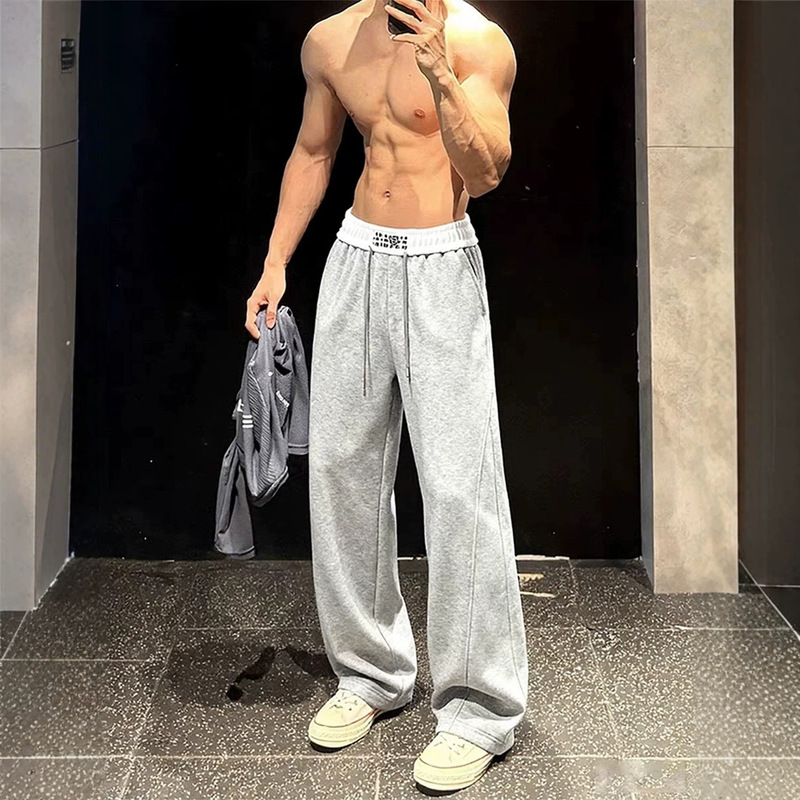 Gray American-style men's fitness sweatpants for spring and autumn, cleanfit loose long pants, curved-leg pants, straight-leg casual pants